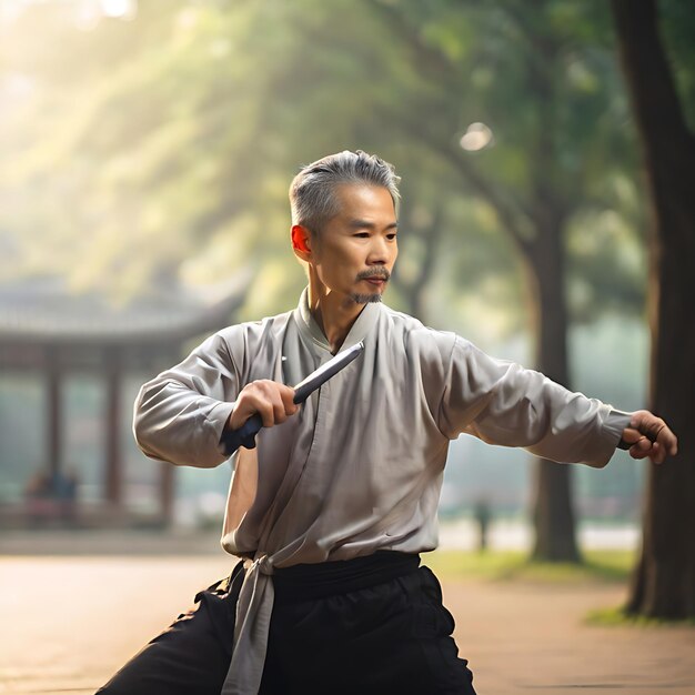 Foto gente al aire libre en la naturaleza entrenando para el taekwondo