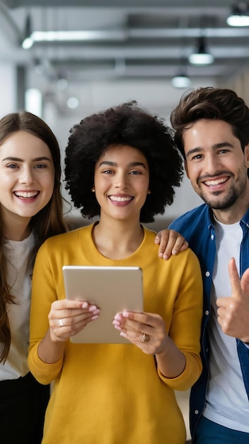 Gente alegre con una tableta sonriendo a la cámara