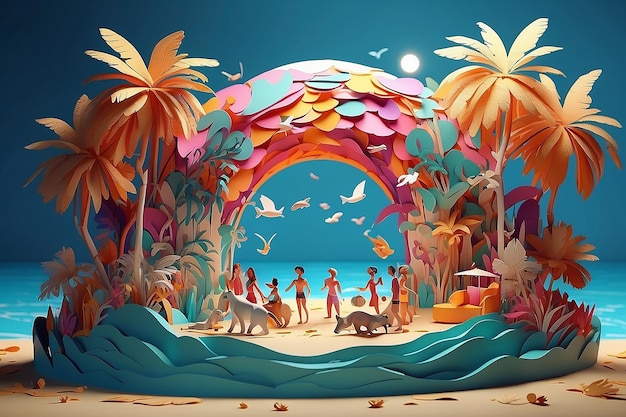 Gente y animales hechos de papel divirtiéndose en una playa hecha de papel