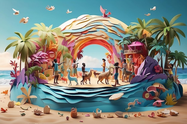 Gente y animales hechos de papel divirtiéndose en una playa hecha de papel