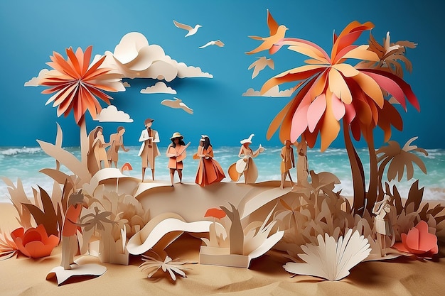 Foto gente y animales hechos de papel divirtiéndose en una playa hecha de papel