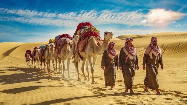 Gente árabe con la caravana de camellos