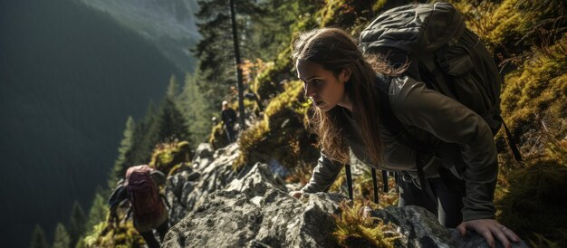 Gente ayudándose mutuamente a escalar una montaña