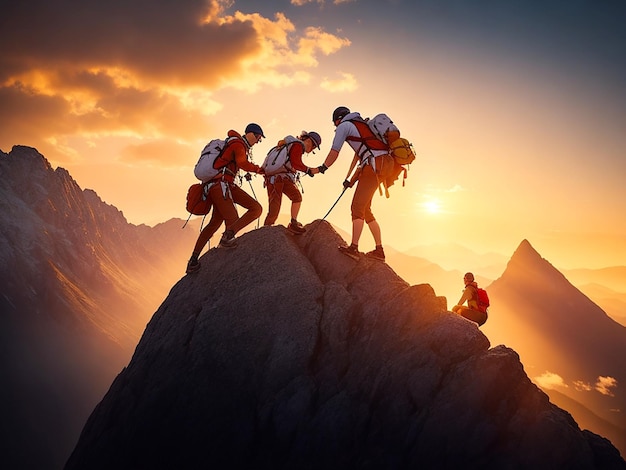 Gente ayudándose unos a otros a subir un momento de montaña del amanecer Aventura asumiendo riesgos y trabajo en equipo