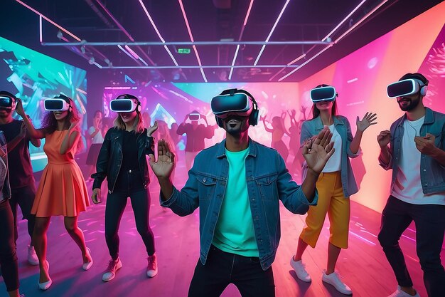 Gente bailando en una fiesta inmersiva con auriculares de realidad virtual y colores de neón brillantes