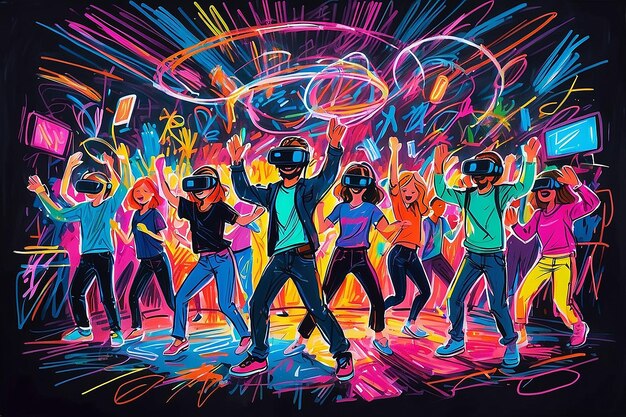 Foto gente bailando rodeada de luces de neón brillantes en una fiesta con auriculares de realidad virtual