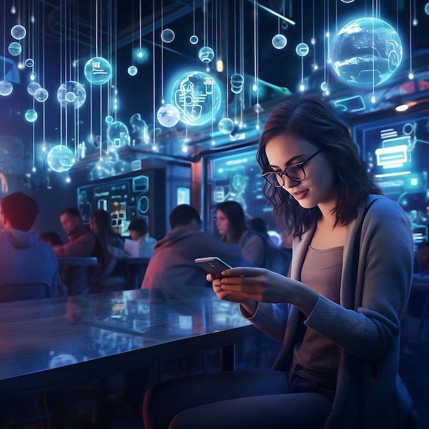 gente en un bar futurista mirando en su teléfono inteligente y revisando sus cuentas de redes sociales