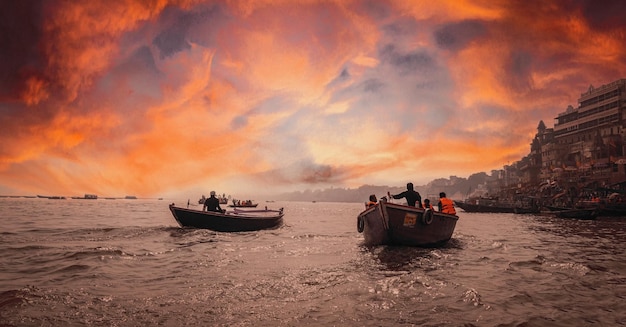 Gente en barco en Varanasi por la noche hermosa imagen del lugar indio de varanasi de shiva