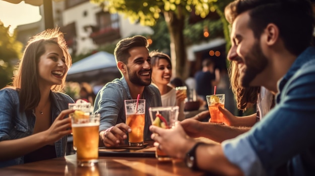 Gente bebiendo en un bar con un hombre y una mujer hablando y riendo