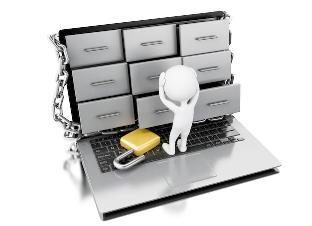 La gente blanca 3d se preocupó de la seguridad de los gabinetes de archivo.