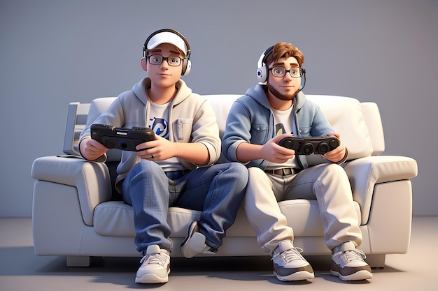 Foto la gente blanca en 3d está sentada en el sofá con un gamepad en las manos y juega juegos de computadora