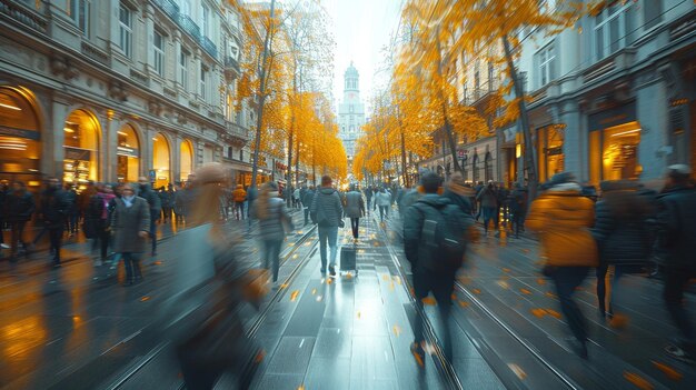 Foto la gente está borrosa con una lente en una concurrida calle europea