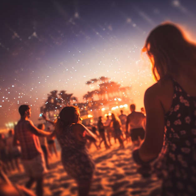 Foto gente borrosa teniendo fiesta nocturna en la playa en verano