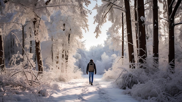 La gente del bosque de invierno y el concepto de la naturaleza Pearson joven caminando en el bosque nevado