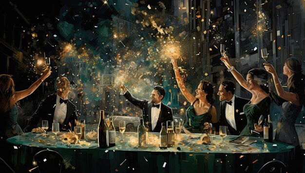 Foto la gente brindando por el champán con chispas y luces