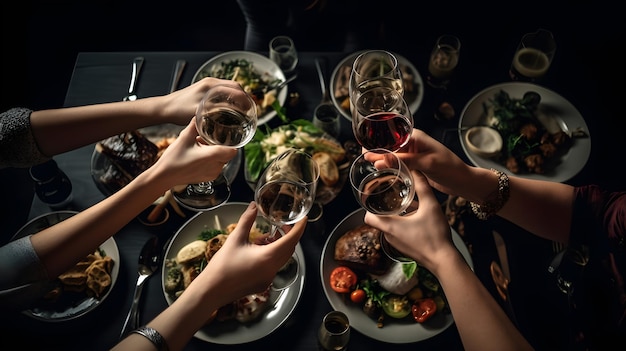 Gente brindando en una mesa con platos de comida y copas de vino