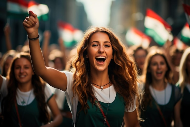 La gente en la calle celebra el día de la independencia de Hungría Día de la Revolución Húngara Manifestación contra las decisiones políticas Elecciones presidenciales Generación de IA