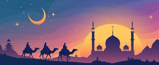 Gente en camellos bajo la luna un cielo nocturno con estrellas una silueta de mezquita en el fondo