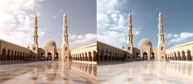 Foto la gente camina fuera de la mezquita nabawi durante la hora tardía de la noche donde se coloca el mausoleo del profeta mahoma