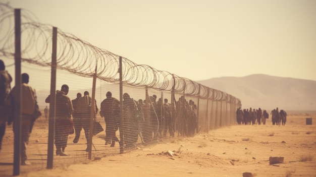 La gente camina a lo largo de una valla fronteriza en el desierto El concepto destaca la lucha de los refugiados