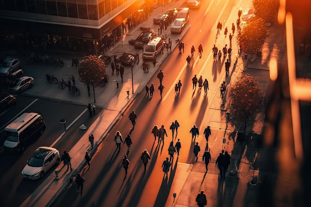 Gente caminando por la calle urbana al atardecer vista aérea de la concurrida calle de la ciudad creada con ai generativo