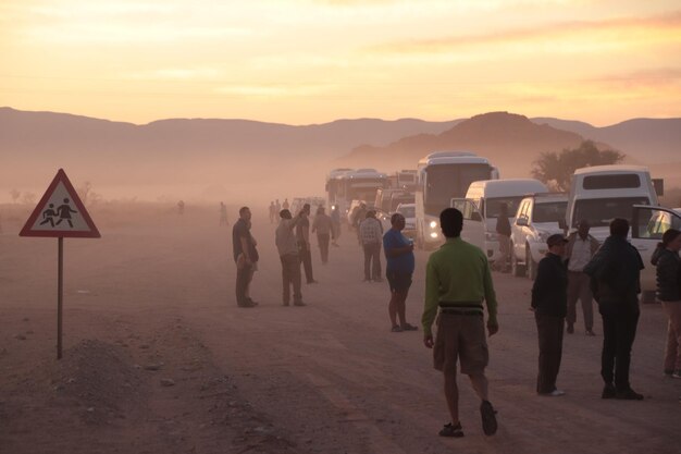 Foto gente caminando por la carretera contra el cielo durante la puesta de sol