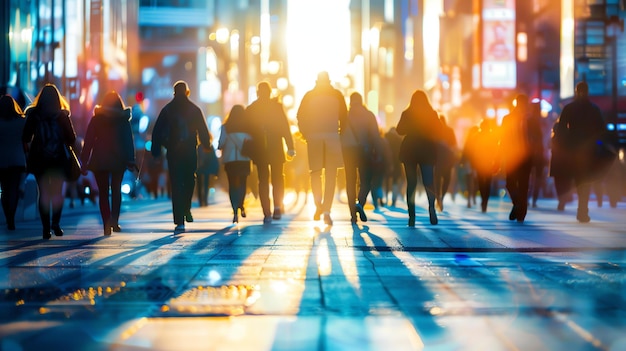 Gente caminando por una concurrida calle de la ciudad con el sol brillando brillantemente por encima