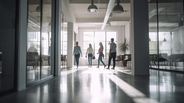 Gente caminando en un edificio de oficinas