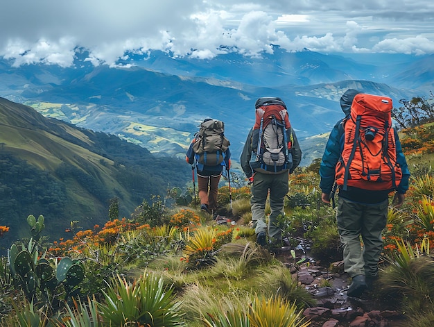 La gente caminando por las impresionantes montañas de Ecuador con las actividades de vacaciones de los vecinos en el fondo