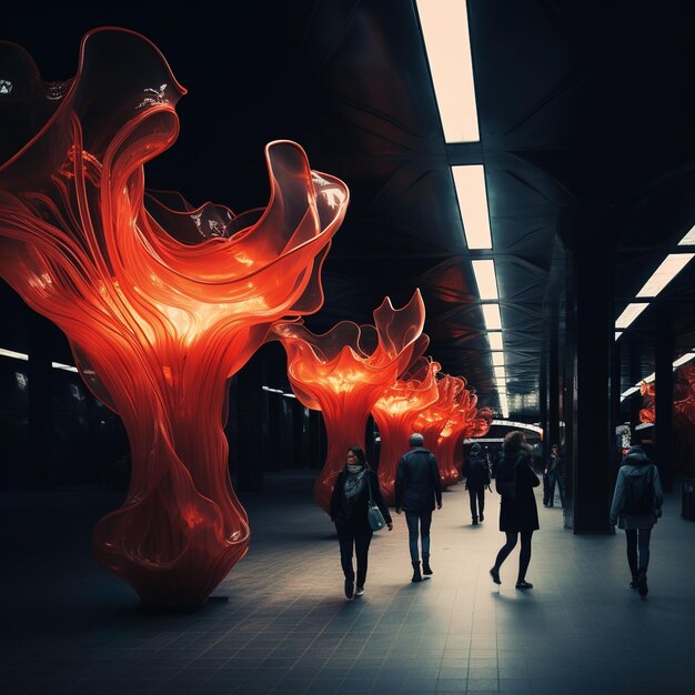 Gente caminando en una moderna estación de metro con escultura roja