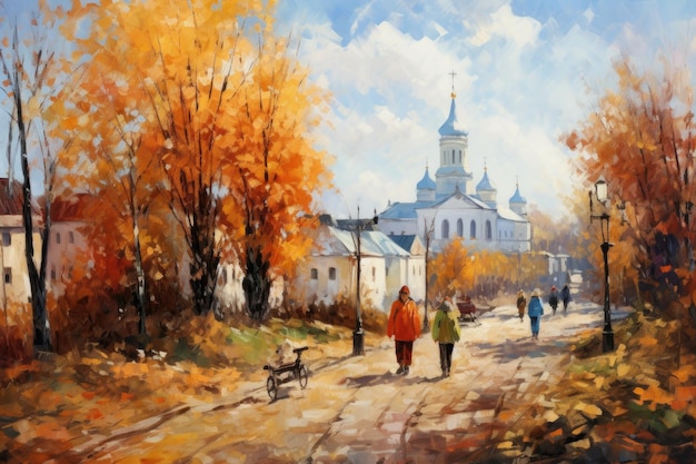 Gente caminando en el parque de otoño Pintura al óleo sobre lienzo Ilustración Antigua Vitebsk en otoño Arte impresionista generado por IA