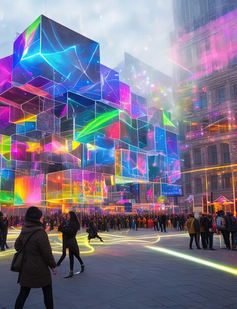 gente caminando por una plaza de la ciudad con un edificio colorido al fondo