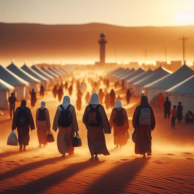 Foto gente caminando hacia la tienda de refugiados