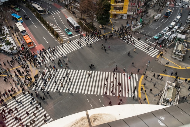 Gente y carro Multitud con vista de la intersección de pedestales, cruce de peatones, paso de Shibuya