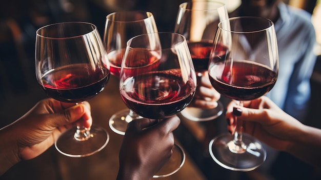 La gente celebra alegremente en una fiesta vibrante abrazando la festividad y socializando con copas de vino