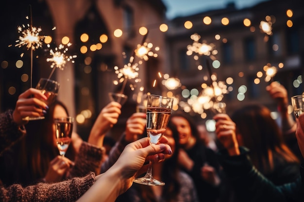 La gente celebra con chispas y copas de champán.