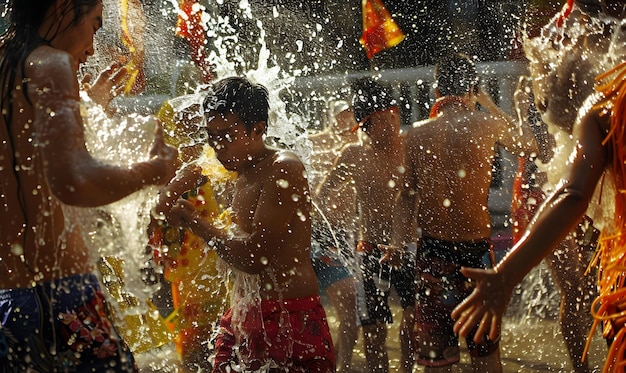 La gente celebra el día de Songkran. Festival de fondo.