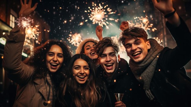 Foto la gente celebra felizmente el año nuevo juntos