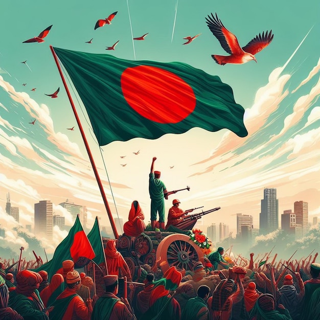 Foto la gente celebra la victoria en la ciudad con la bandera de bangladesh