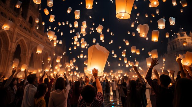 La gente celebra la víspera de Año Nuevo con linternas Generar IA