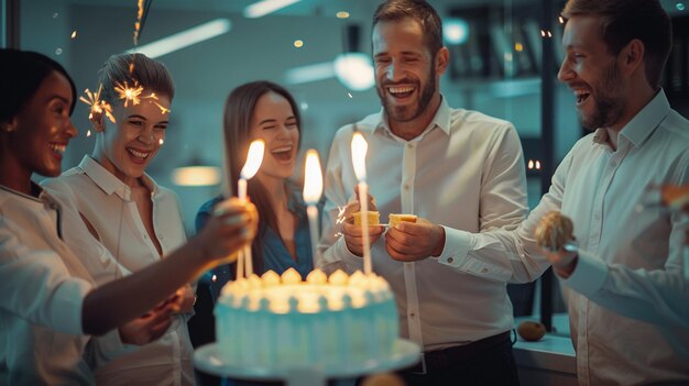 Foto la gente está celebrando un cumpleaños con un pastel y chispas generativas ai