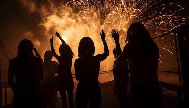 Gente celebrando con fuegos artificiales de fondo