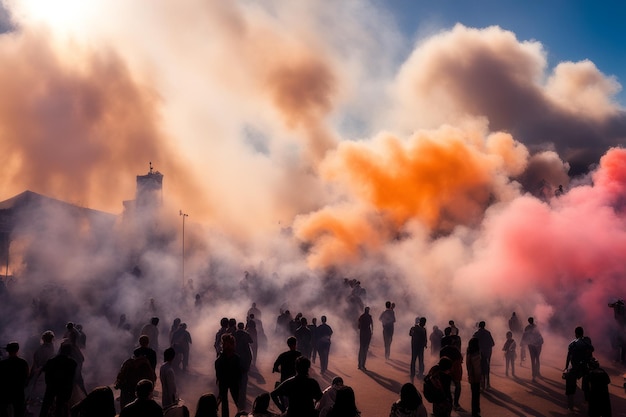 gente en la ciudad con un humo gente en la cidade con un humo