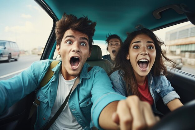 Foto la gente en el coche un segundo antes del accidente la gente está asustada y gritando en el coche