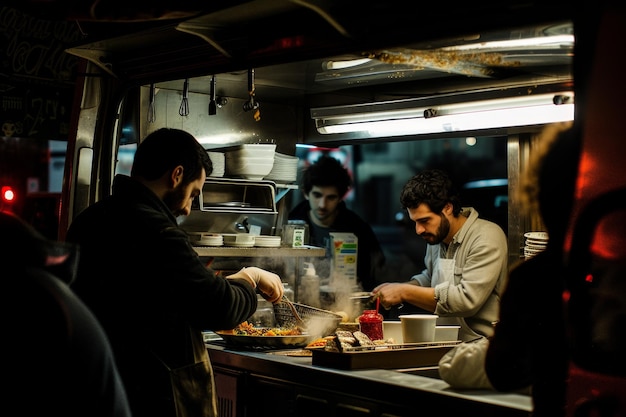 La gente cocina comida en una furgoneta móvil estacionada en la calle