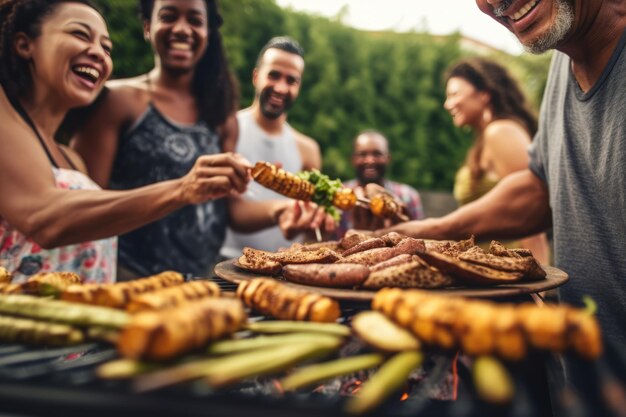 Gente cocinando la cena de barbacoa de verano en el patio trasero de la casa