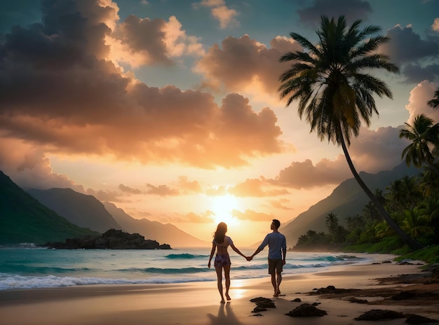Gente cogidos de la mano al atardecer en la playa tropical de arena amor y antecedentes románticos