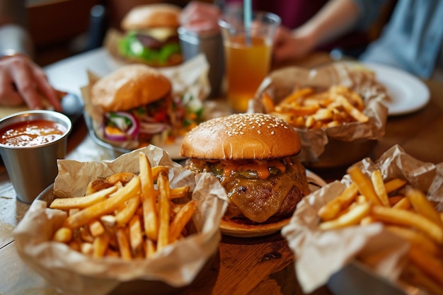 Gente comiendo comida rápida con papas fritas y hamburguesas