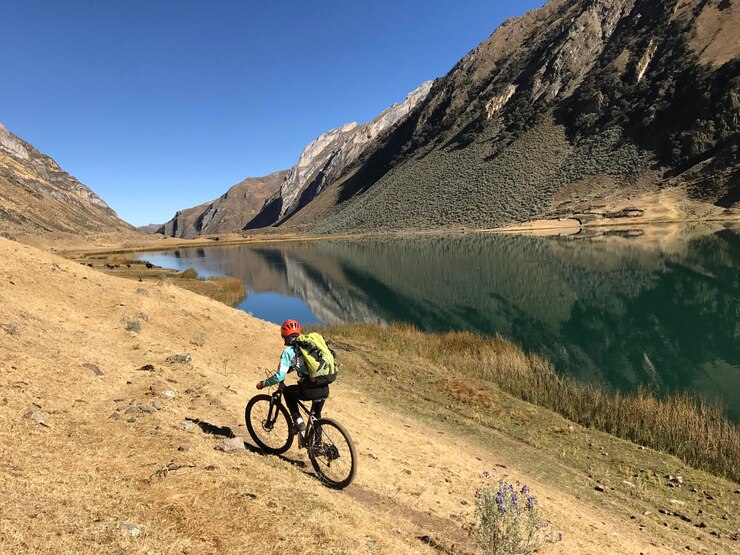 Gente conduciendo bicicleta por el lago verde