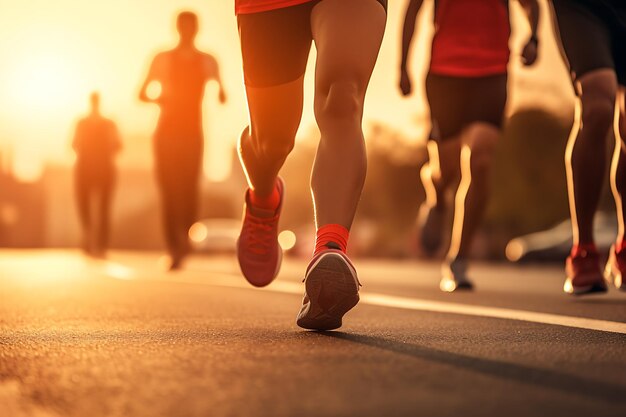 La gente corre una carrera de maratón con los pies en la carretera de la ciudad al atardecer